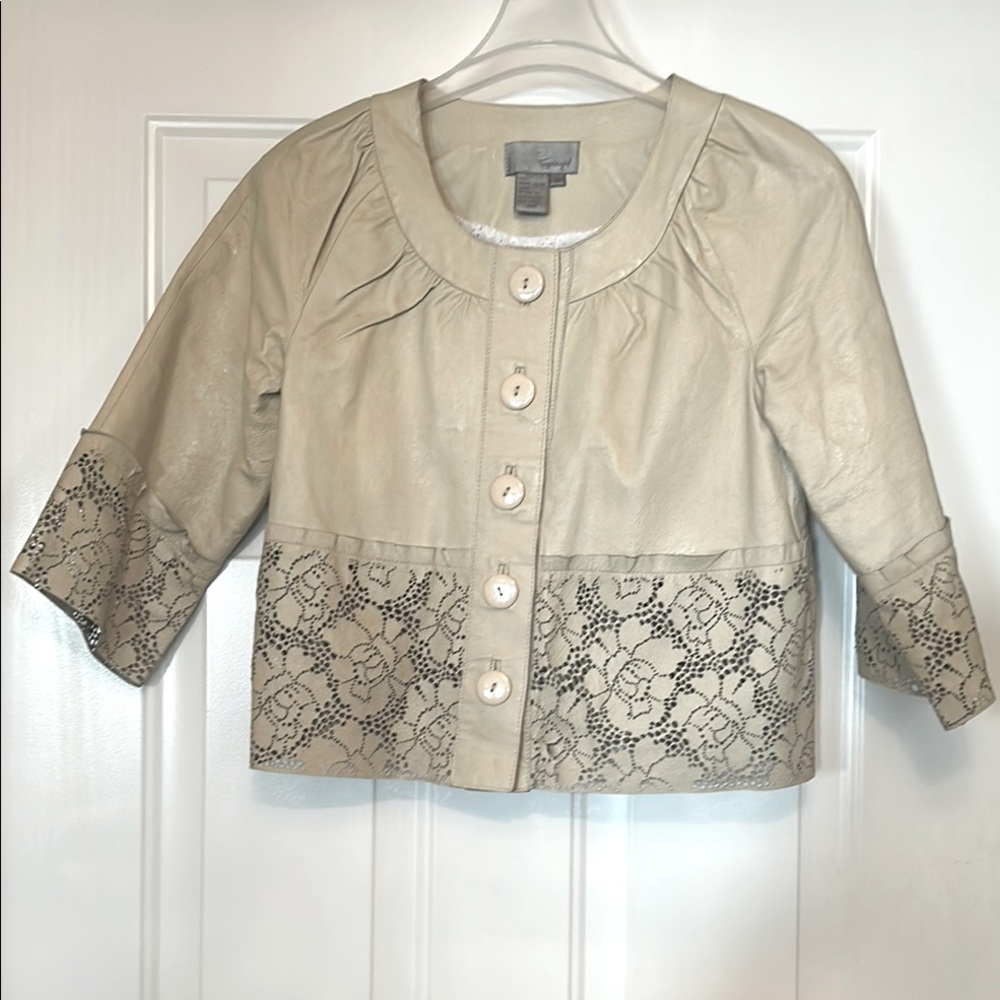 Spiegel Leather Swing Jacket 10 Vintage Tan Lazer Cut Lace Accent Floral Moto